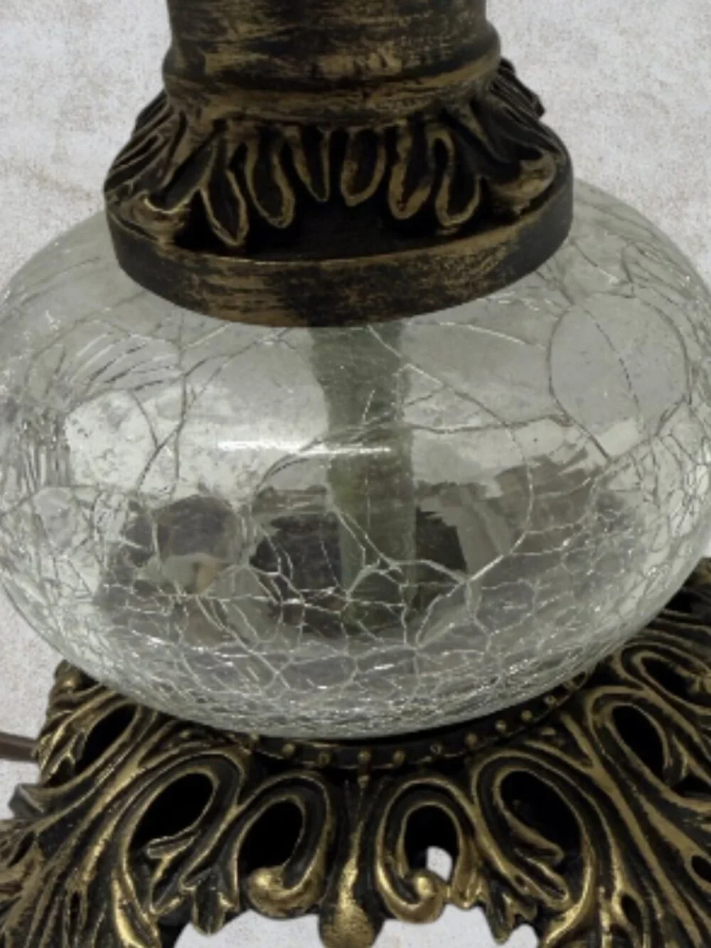 HURRICANE LAMP -- Etched Glass Shade, Crackle Glass Base, Electric, Vintage